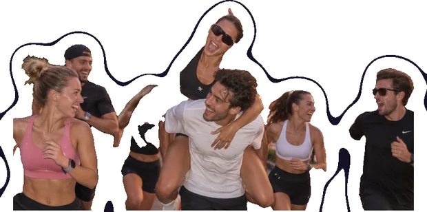 Groupe de sportifs souriants, visuel de marque LIFTBUD